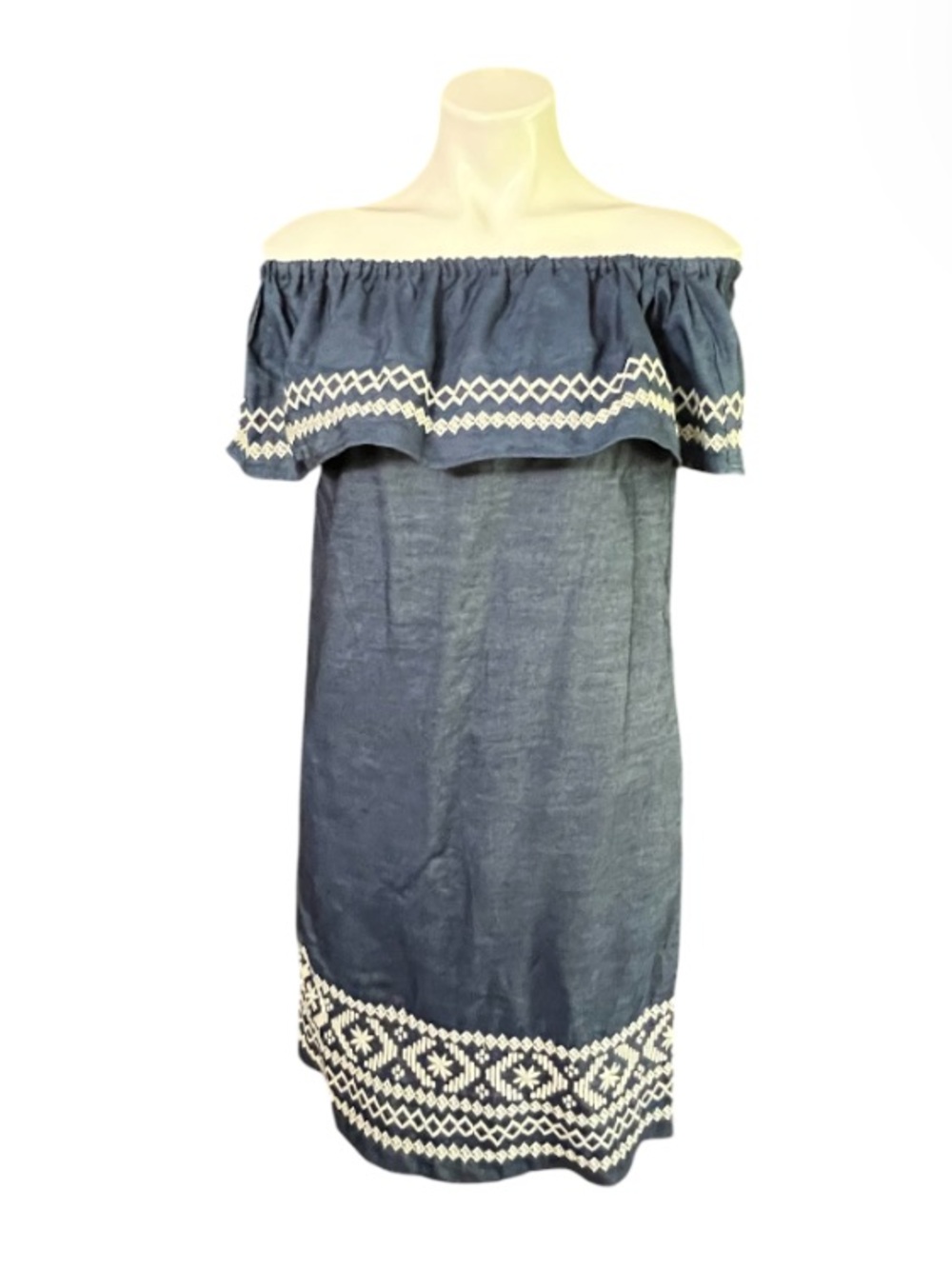 Westport Strapless Chambray Embroidered Dress Blue XS Boho Coastal